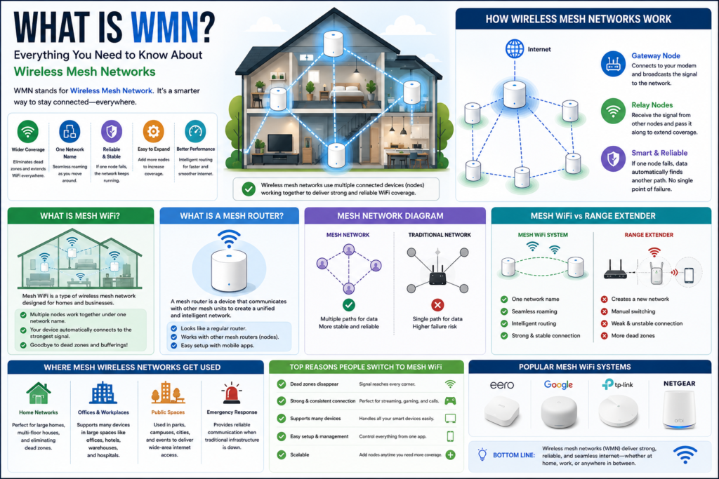 Wireless Mesh Network (WMN) infographic showing mesh WiFi, gateway node, relay nodes, and network topology.