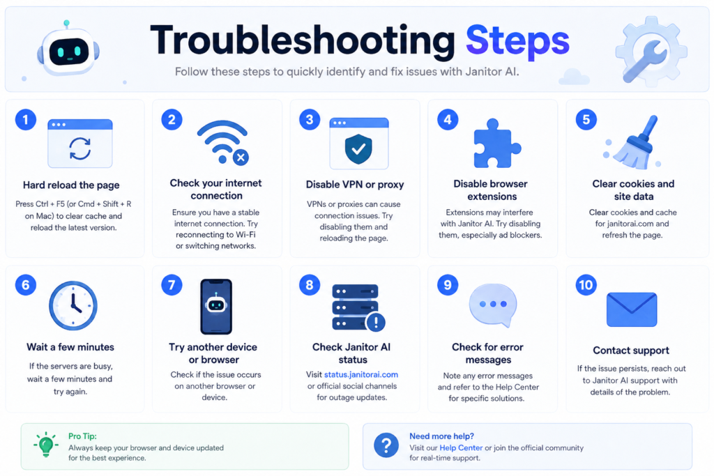 Try these steps before reporting a Janitor AI outage: