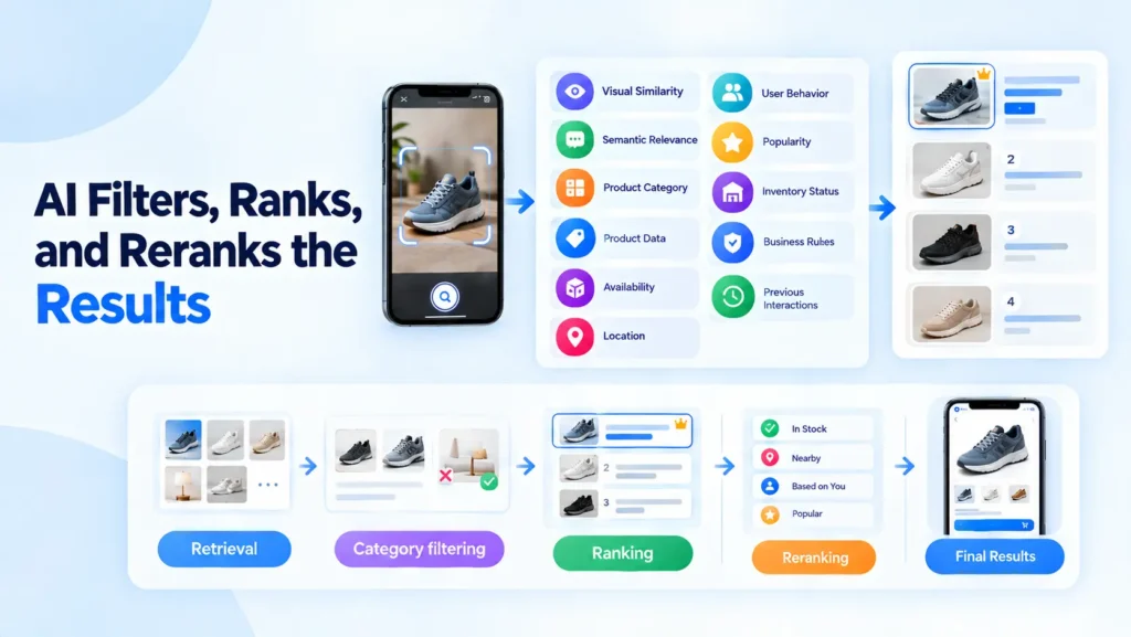 AI filters, ranks and reranks visual search results by analyzing relevance, visual similarity, product data, and user intent to